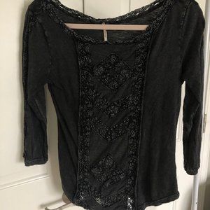 Free People black destressed 3/4 sleeve top